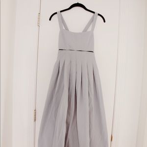 soft blue open back midi dress